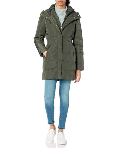 Cole Haan Taffeta Down Coat With Bib Front And Dramatic Hood - Green