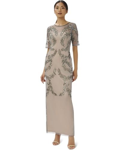 Adrianna Papell Beaded Elbow Sleeve Gown - Natural