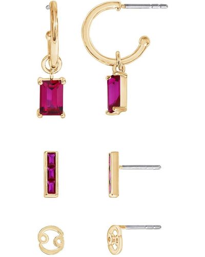Amazon Essentials Yellow Gold Plated Brass Birthstone Stud And Hoop Set Earrings - Pink