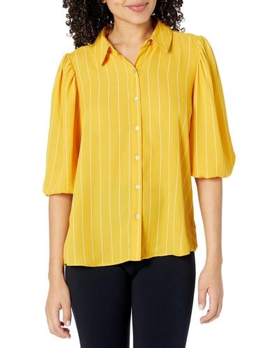 Nanette Lepore Womens Elbow Puff Sleeve Front Blouse Button Down Shirt - Yellow