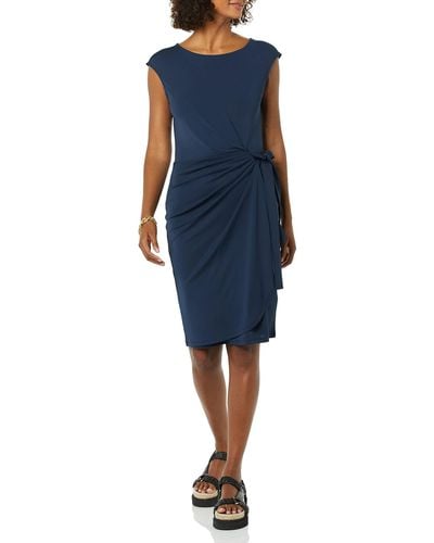 Amazon Essentials Cap Sleeve Boat-neck Faux Wrap Dress - Blue
