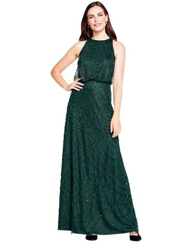 Adrianna Papell Womens Art Deco Beaded Blouson Dress With Halter Neckline - Green