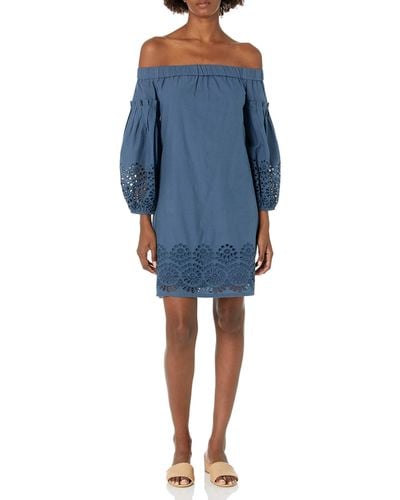 Vince Camuto Cotton Eyelet Off The Shoulder Balloon Sleeve Shift Dress - Blue
