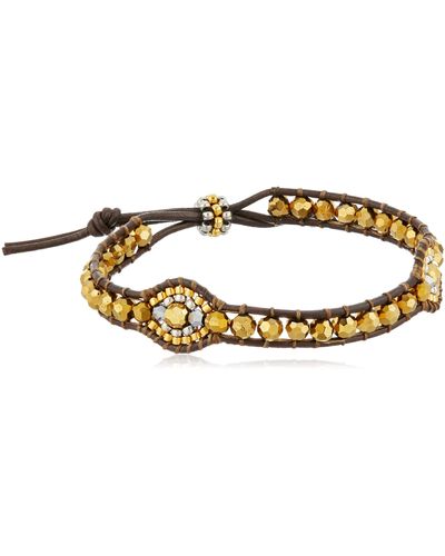Miguel Ases Gold Beaded Double Oval Brown Leather Slip-knot Bracelet - Metallic