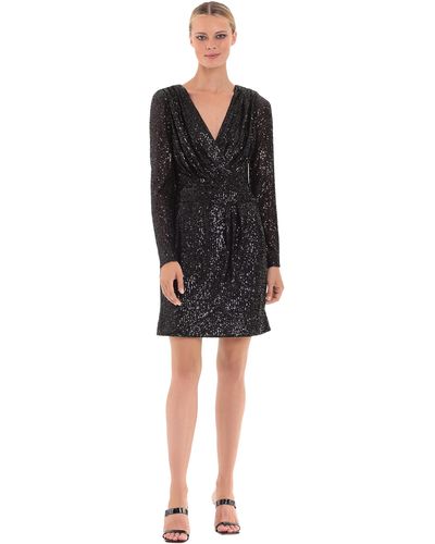 Donna Morgan Long Sleeve Sequin Faux Wrap Dress - Black