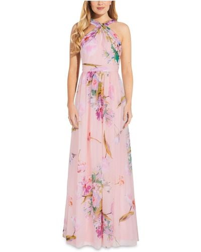 Adrianna Papell Floral Halter Evening Dress - Pink