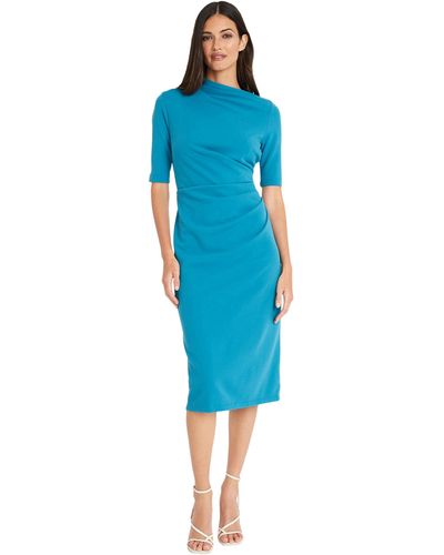 Maggy London Side Pleat Dress With Asymmetric Neck And Elbow Sleeves - Blue