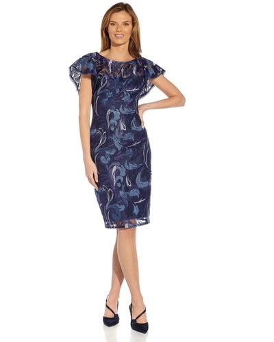 Adrianna Papell Flutter Sleeve Embroidered Cocktail Dress - Blue