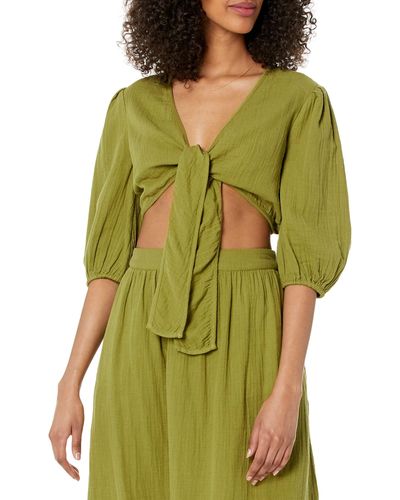 The Drop Natasha Gauze Cropped Tie Front Puff Sleeve Top - Green