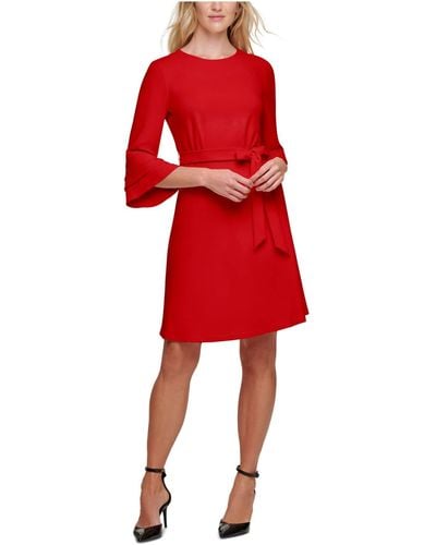 DKNY Womens L/s Triple Ruffle Sleeve Fit And Flare Dress - Red