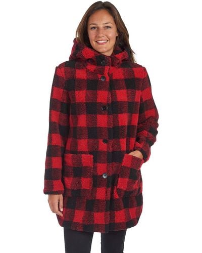 Kensie 33" Sb Buffalo Plaid Faux Fur Duffle Coat - Red