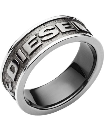 DIESEL Gunmetal Gray Stainless Steel Logo Band Ring - Metallic