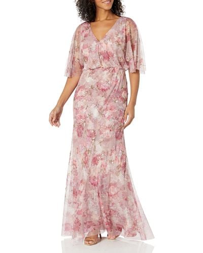 Adrianna Papell Printed Beaded Mesh Long Gown - Pink
