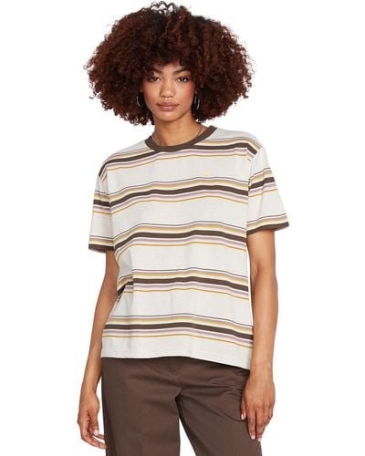 Volcom Womens Party Pack Short Sleeve Striped Tee T Shirt - Brown