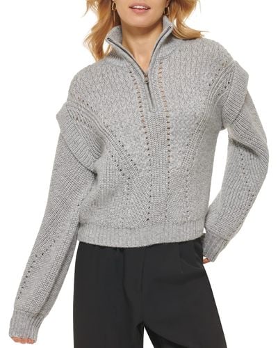 DKNY Quarter Zip Cable Knit Long Sleeve Sweater - Gray