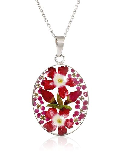 Amazon Essentials Sterling Silver Multi Pressed Flower Oval Pendant Necklace - Red