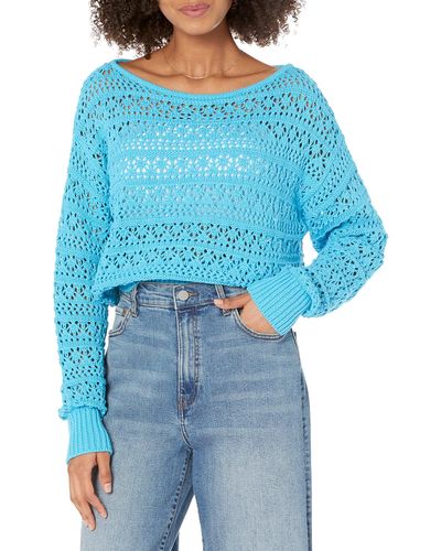 The Drop Daba Crochet Long Sleeve Slouchy Pullover - Blue