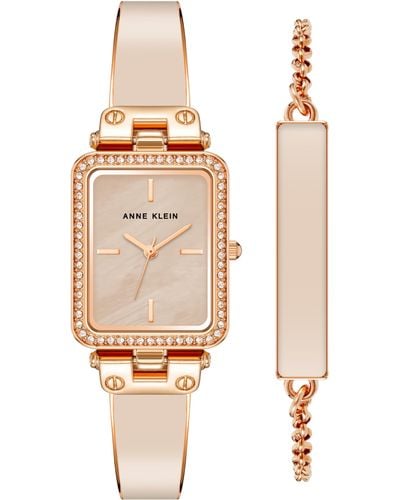 Anne Klein Premium Crystal Accented Bangle Watch And Bracelet Set - Pink