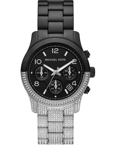 Michael Kors Runway Chronograph Silver And Black Two-tone Stainless Steel Bracelet Watch - Metallic