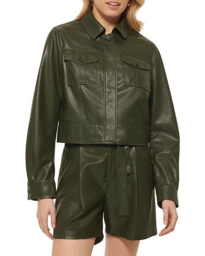 DKNY Button Front Vegan Leather Long Sleeve Jacket - Green