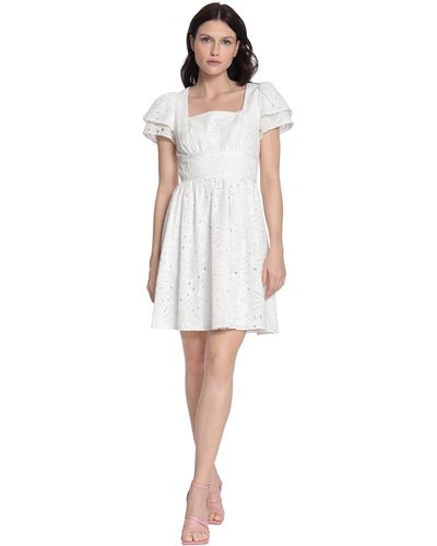 Donna Morgan Square Neck Eyelet Feminine Dress With Double Short Sleeves Detail - White