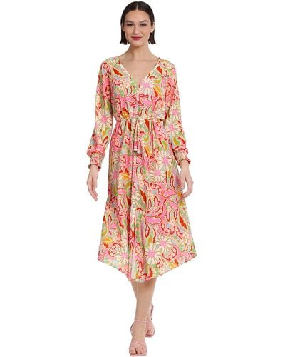 Donna Morgan Floral Printed V-neck Midi Dress Summer Fun Day Event Date Guest Of - Red