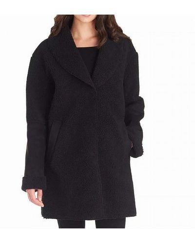 Kensie Shawl Collar Faux Shearling Coat With Snap Front - Black