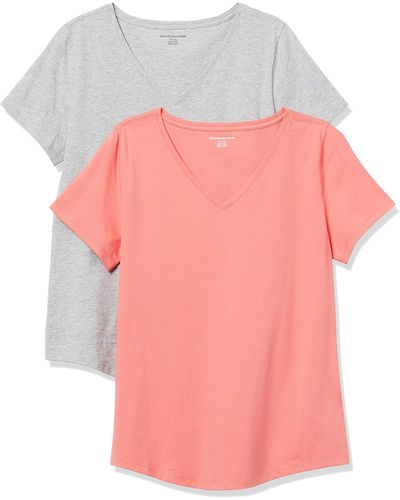 Amazon Essentials T-Shirt mit V-Ausschnitt und kurzen Ärmeln aus 100 % Baumwolle - Pink