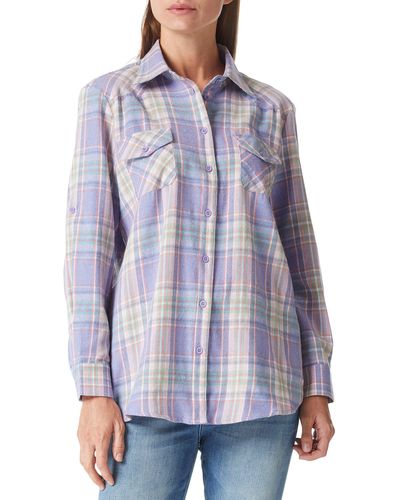 FIND Casual Rolled Up Long Sleeve Plaid Shirts Button Down Blouse Tops - Blue