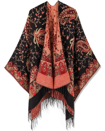 HIKARO Retro Style Poncho Cape Boho Shawl Wraps Ruana Printed Tassel Cardigan For Spring Fall Winter - Red