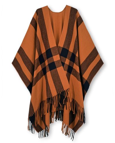 HIKARO Winter Poncho Cape Warm Schal Wrap Open Front Printed Quaste Blanket Cardigans - Orange