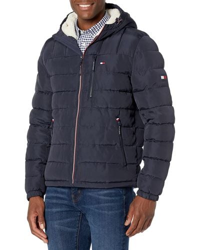 Tommy Hilfiger Midweight Sherpa Lined Hooded Water Resistant Puffer Jacket Coat - Blue