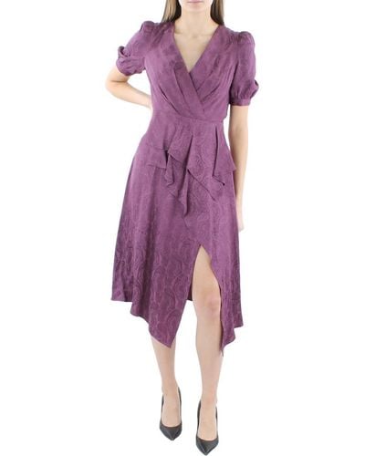 BCBGMAXAZRIA Fit And Flare Cocktail Dress Faux Wrap Peplum Ruffle Elbow Puff Sleeve Asymmetrical Hem Front Slit - Purple