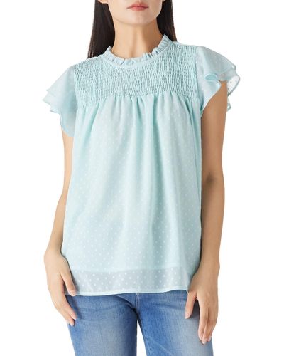 FIND Casual Swiss Dot T Shirts Ruffle Short Sleeve Blouse Tops - Blue