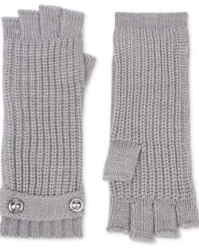 Michael Kors Grey Cable Knit Silver Logo Buttons Ribbed Winter Cold Weather Fingerless Gloves