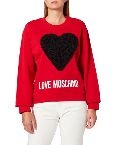 Love Moschino Round Neck Long Sleeved Sweatshirt Maxi Heart with Tulle Ruffle Applique And Logo Print Maglia di Tuta - Rosso