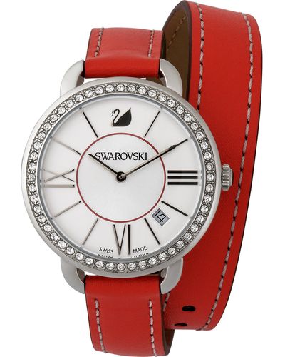 Swarovski Alia Day Stainless Steel 5095942 Berry Double Leather Strap Quartz Date Clear Crystals s Watch - Rosso