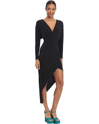 Donna Morgan Long Sleeve Faux Wrap Asymmetric Hem Dress - Black