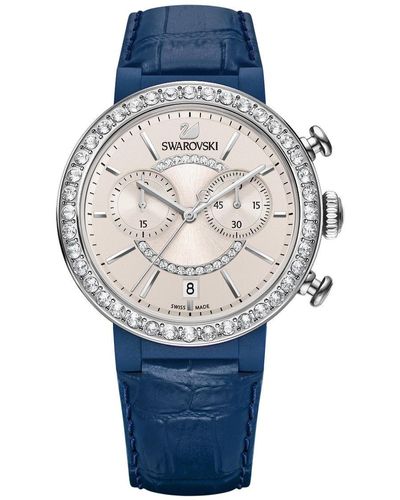 Swarovski – 38 mm Blue Leather Band Steel case Quartz silver-tone quadrante orologio analogico 5210208