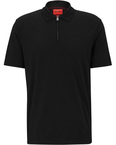 HUGO Cotton-blend Polo Shirt With Zip Placket - Black