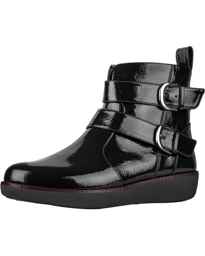 Fitflop Tm Laila Double Buckle S Crinkle Patent Leather Zip Biker Boots 5.5 Black Crinkle Patent