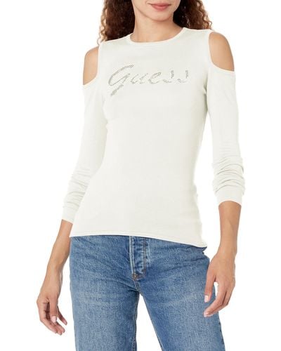 Guess Long Sleeve Cold Shoulder Logo Sweater - White
