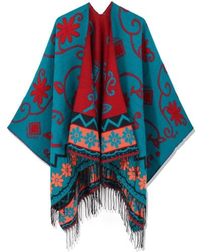 HIKARO Retro Style Poncho Cape Boho Shawl Wraps Ruana Printed Tassel Cardigan For Spring Fall Winter - Blue
