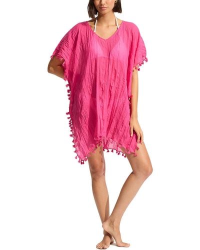 Seafolly Kaftan Quaste Trim Cover Up Kleid Überwurf für Schwimmbekleidung - Pink
