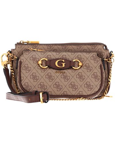 Guess Izzy Double Pouch Crossbody Latte Logo/Brown - Metallizzato