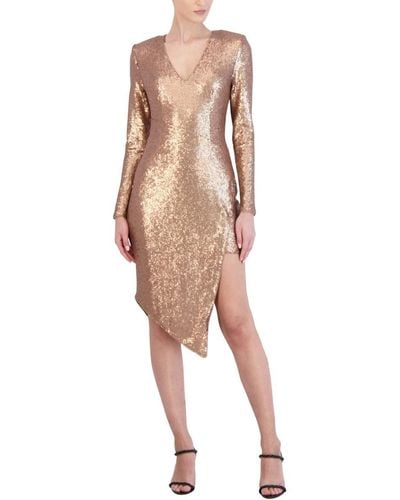 BCBGMAXAZRIA Fitted Sequin Cocktail Dress Long Sleeve Ruched Waist Asymmetrical Peekaboo Skirt - Natural