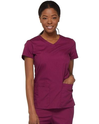 Dickies Womens Signature V-neck Top With Multiple Patch Pockets Medical Scrubs Shirts - Purple