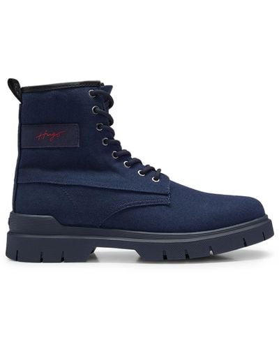 HUGO Cotton-canvas Lace-up Boots With Handwritten Logo - Blue