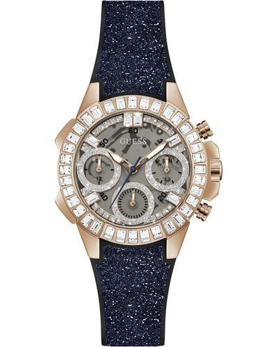 Guess Tone Stainless Steel Case Clear Dial With Glittered Navy Leather & Silicone - Blauw