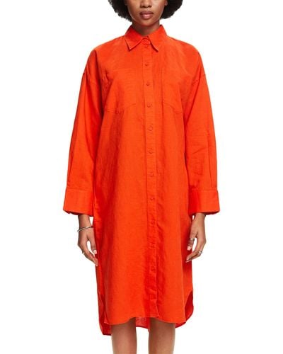 Esprit Hemdkleid aus Baumwolle-Leinen-Mix mit Gürtel - Orange